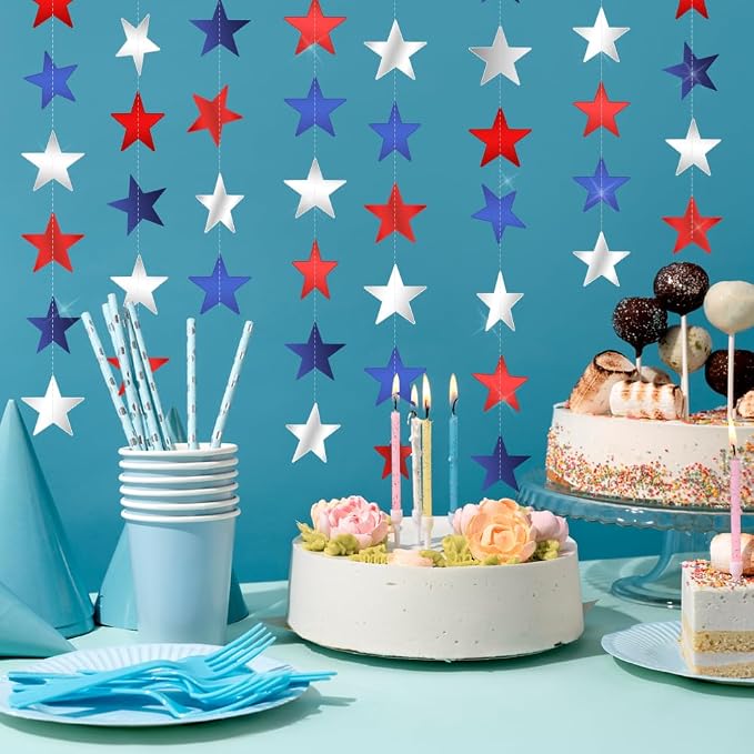 Red White and Blue Star Garland Banner, 66 Feet Patriotic Star Hanging Streamer - Image 4