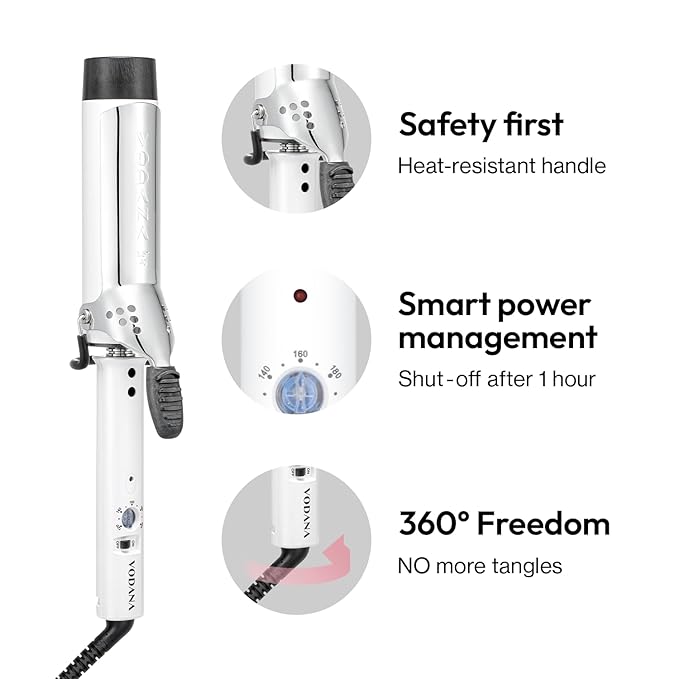 VODANA Professional GlamWave Ceramic Curling Iron, Long-Lasting Natural Curls, Instant Heat, Hair Curler, Curling Wand, Available in USA (1.6 inch, White)