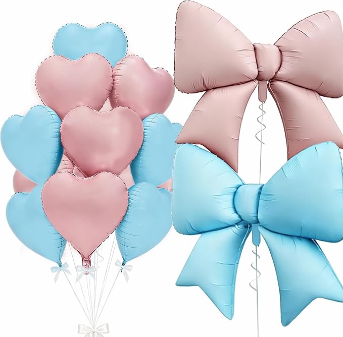 Vuzvuv Pink Blue Heart Balloons Pink Blue Bow Balloons Set, Anniversary by Vuzvuv