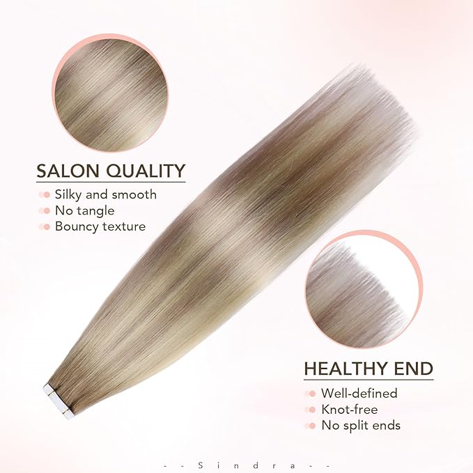 Sindra Invisi Edge Tape in Extensions Human Hair, Invisible Tape in Hair Extensions Ash Brown mixed Platinum Blonde and Ash Blonde Natural Seamless 14 Inch 40g 20pcs/pack