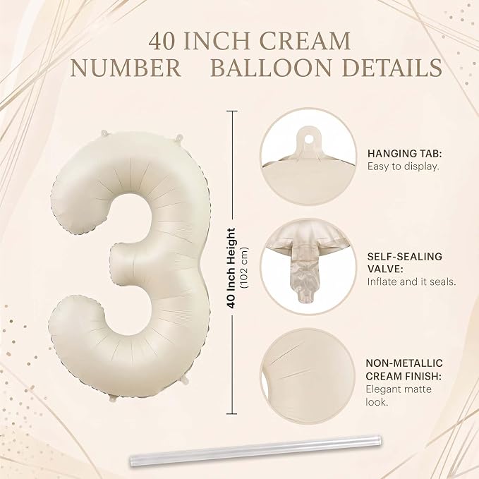 Cream Number 3 Balloon 40 Inch, Foil Numeral - Image 4