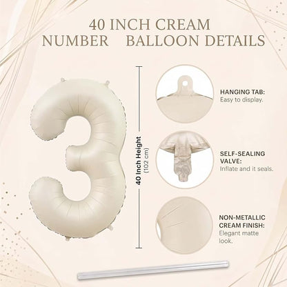 Cream Number 3 Balloon 40 Inch, Foil Numeral - Image 4