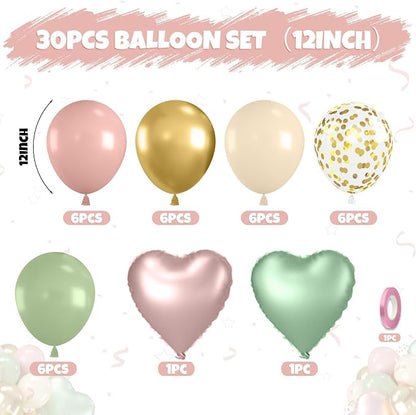 Pink and Green Balloons, 12 Inch Retro Sage Green Pink Nude Metallic Gold - Image 2