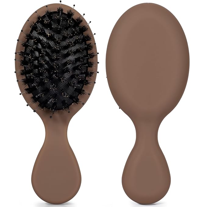 Mini Boar Bristle Hair Brush - Boar & Nylon Bristle Small Brush for Women Kids Long Short Hair to Smooth Add Shine - Travel Size Hair Brush for Purse,Pocket - Brown