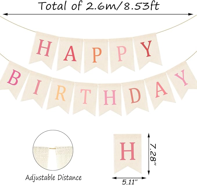 Doumeny Happy Birthday Burlap Banner Boho Birthday Garland Bunting Ombre Pink - Image 2