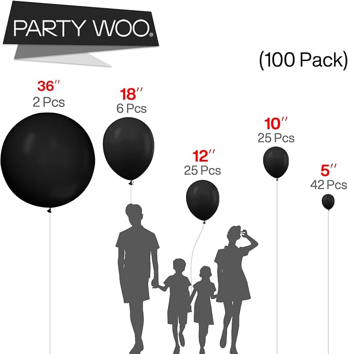 PartyWoo Black Balloons 100pcs Different Sizes of 36 18 12 10 5 Inch | Balloons - Image 3