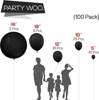 PartyWoo Black Balloons 100pcs Different Sizes of 36 18 12 10 5 Inch | Balloons - Image 3