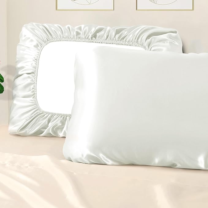 Manyshofu Satin Pillowcases for Hair Protection - 2Pcs White Pillow Cases, Elastic Band Standard & Queen Satin Pillowcases Luxury Silky Pillow Cases Travel Pillow Covers