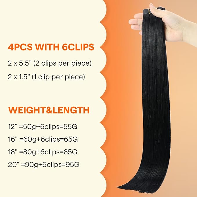 Full Shine Seamless Clip in Hair Extensions, 12Inch Thinning Hair Extensions Fill Ins, Black Clip in Hair Extensions Remy Human Hair for Women, Add Thickness Color1 4PCS 55g