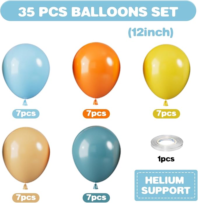 Blue Yellow and Orange Balloons, 12 Inch Retro Sea Blue Yellow Orange Balloons - Image 2