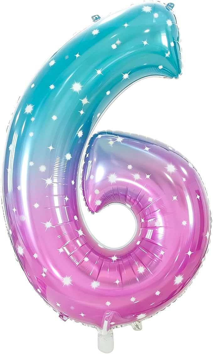 Number 6 Foil Balloon with Crown, 40-Inch Gradient | Gradient star print number by GifloonOfficial