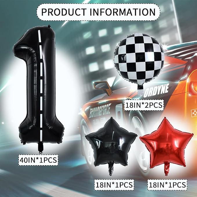 TONIFUL 40 Inch Race Car 1st Birthday Balloons Racetrack Number 1 Black White - Image 2