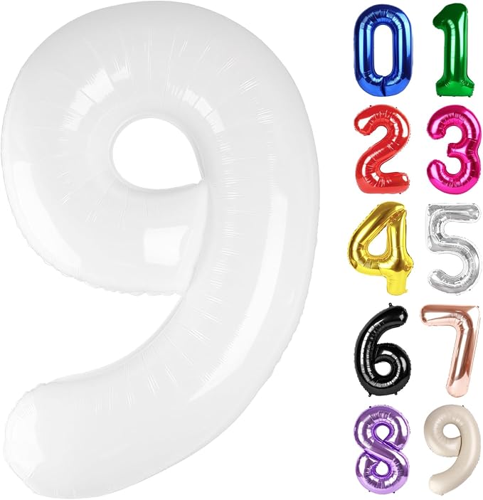 9 Balloon - White Birthday Number Balloons, 40 Inch Decorations Men Women | by ALPHADELTAPI