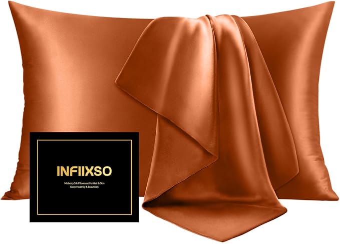 INFIIXSO Mulberry Silk Pillow Cases King Size Set of 2, Silk Pillowcase with Hidden Zipper 20"x36", Extraordinary Smooth and Soft Pillow Case for Hair and Skin(Brunt Orange, 2 Pack)
