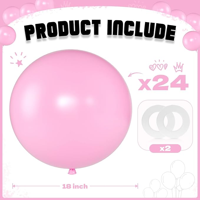 Pink Balloons 18 Inch 24 Pack Matte Helium Latex Round Balloons - Image 2
