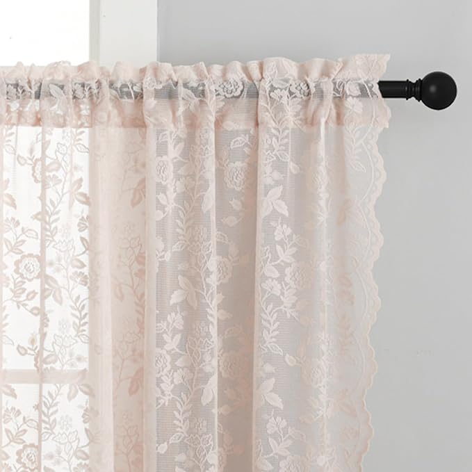 Short Blush Lace Curtains Rustic Leaf Floral W42 x L45 Inch 2 Panels | Rod - Image 3