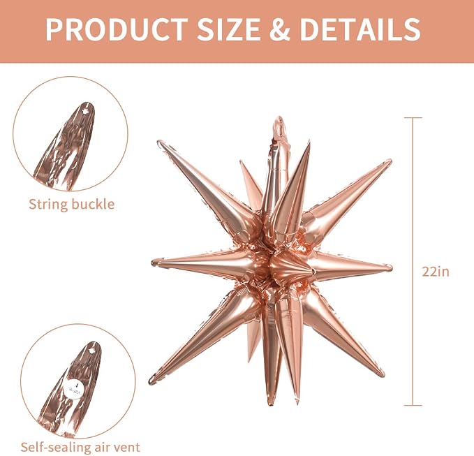TONIFUL 4 Pcs Explosion Star Balloons Rose Gold Foil Balloon Party Decor | 22 - Image 2