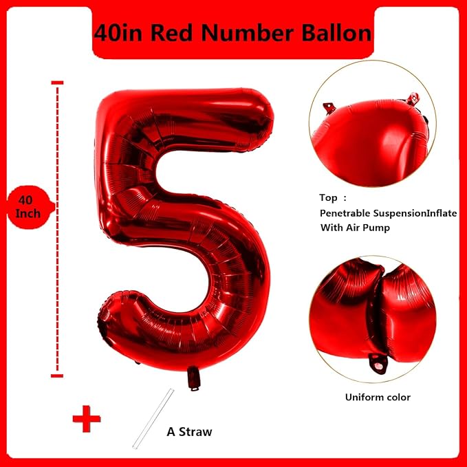 40 Inch Red Number 5 Balloon Large Red Foil Balloon Red 5 Balloons Mylar Helium - Image 2