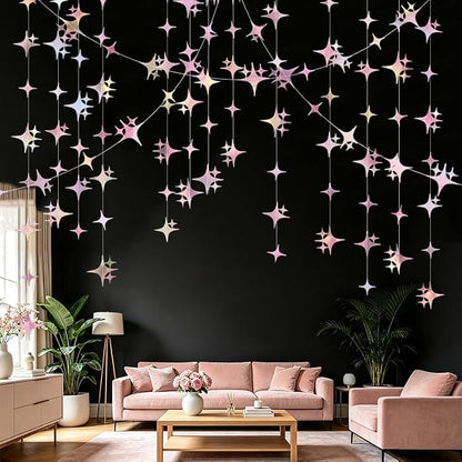 Glitter Iridescent Pink Four-Angle Star Paper Garland Banner 40 Feet Iridescent - Image 4