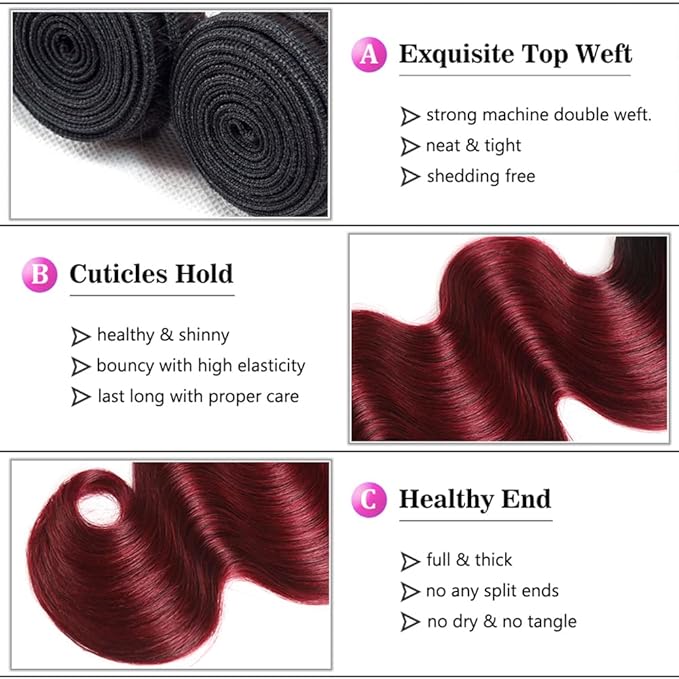 Burgundy Bundles Human Hair Ombre Red Body Wave Bundles 22 24 26 Inch Niegmeag Virgin Remy Hair Extensions Double Weft 1B99J Body Wave Bundle 150g