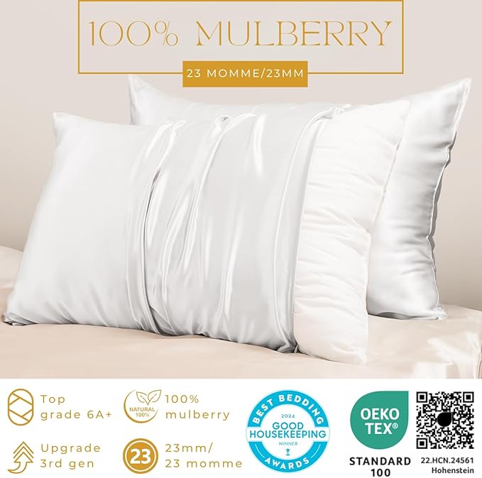 PROMEED White Silk Pillowcase 2 Pack for Hair and Skin, Both Sides 100% 23 Momme Mulberry Silk Pillow Case Set of 2 with Hidden Zipper, Soft and Breathable (Standard 20"x26", White)