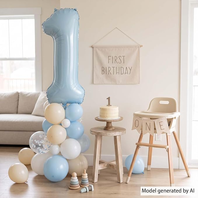 Baby Blue Number 1 Balloon 40 Inch, Foil Sky Pastel Numeral Party Supplies | - Image 3