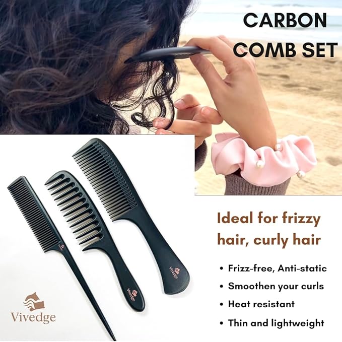 VIVEDGE| Carbon Comb Set for Curly Hair Gift set| Anti Static Frizz-free Detangling Wide Tooth Parting Combs with Premium Hair Acccessories for Styling | Gift for loved ones(Pink-Light Yellow)