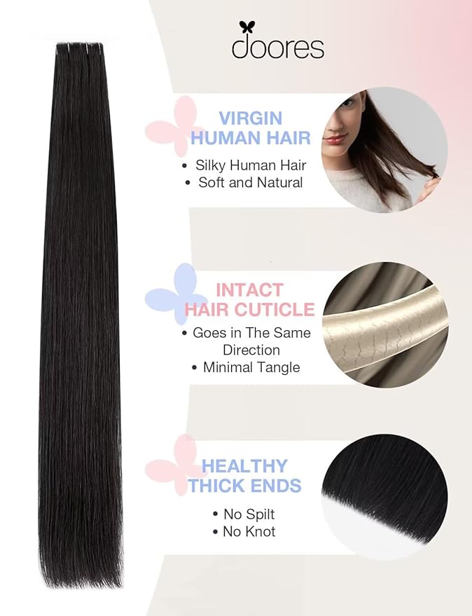 DOORES Invisible Tape in Hair Extensions Real Human Hair Invisi Edge, Jet Black 10pcs Injection Tape-ins 25g 18 Inch, Virgin Human Natural Injected Tape in Extensions Straight