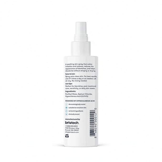 BRIOTECH Topical Skin Spray, Hypochlorous Acid Spray for Sensitive Skin, HOCl Facial Mist, Full Body Support Against Irritation, Calm Redness, Soothe Foot & Scalp, 2 oz Travel Size
