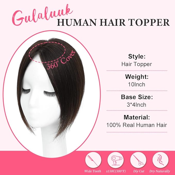Hair Toppers for Women Real Human Hair Topper for Women with No Bangs Hairpieces Comfortable and Breathable 10 Inch Swiss Base 3D 360°Cover Glue-free and Shedding Free(Dark Brown)