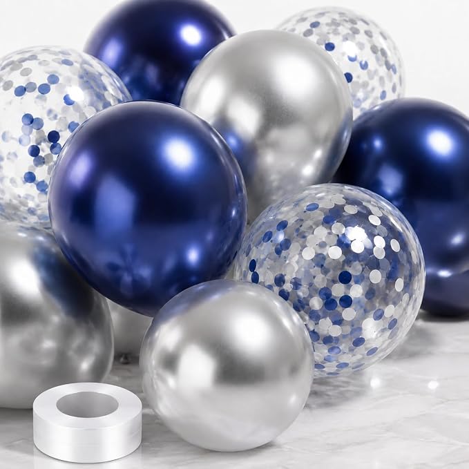 Navy Blue and Silver Balloons, 12 Inch Dark Midnight Blue Metallic Silver Latex - Image 9