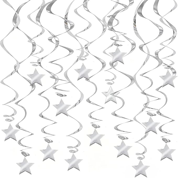 30 Pcs Silver Star Hanging Swirls, Spiral Ceiling Streamers by PARTVON