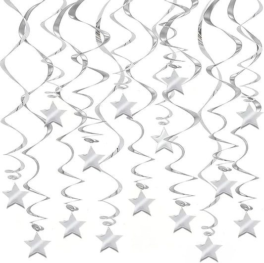 30 Pcs Silver Star Hanging Swirls, Spiral Ceiling Streamers by PARTVON