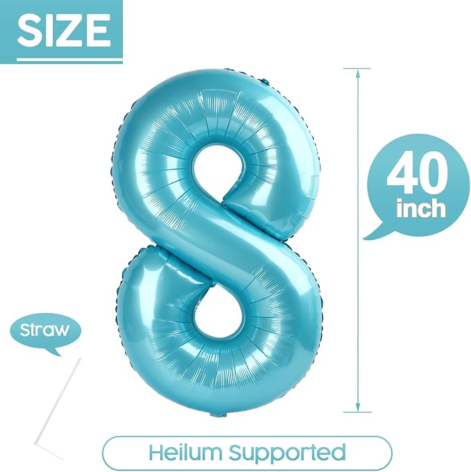 8 Balloon - Pastel Blue Birthday Number Balloons, 40 Inch Decorations | Pastel - Image 5