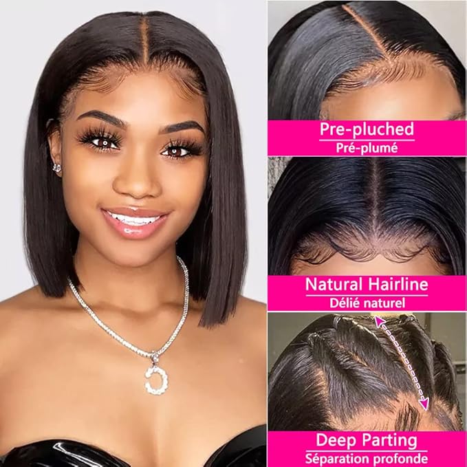 14 inch Short Bob Wigs 13x4 Frontal Bob Transparent Lace Front Wigs Human Hair Pre Plucked Brazilian Virgin Hair Wigs for Black Women Natural Black