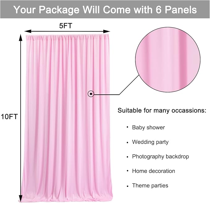 30ft x 10ft Wrinkle Free Pink Backdrop Curtains, 6 Panels 5x10ft Polyester - Image 6