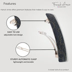 French Amie Oblong Black Net Large 3 1/2" Handmade Celluloid Made in France Automatic Strong Grip Hair Barrette for Women and Girls (Black Net)