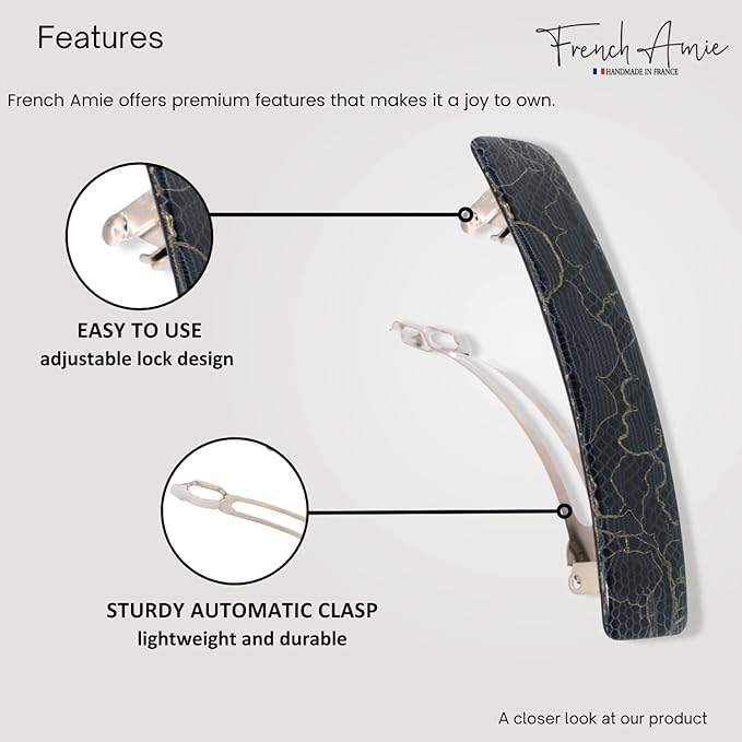 French Amie Oblong Black Net Large 3 1/2" Handmade Celluloid Made in France Automatic Strong Grip Hair Barrette for Women and Girls (Black Net)