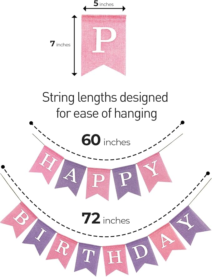 Pre-Strung Pink and Purple Happy Birthday Banner, No DIY Burlap Banner - Image 2