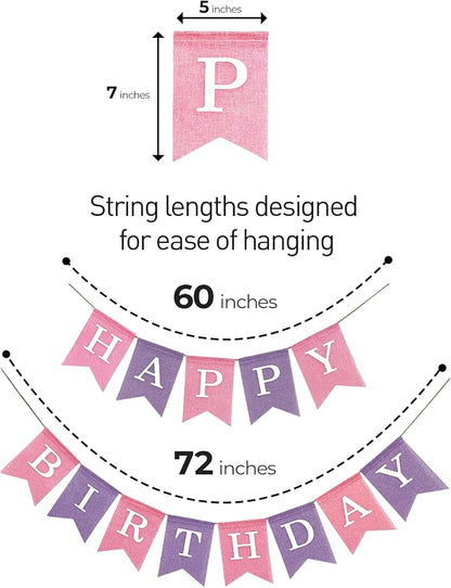 Pre-Strung Pink and Purple Happy Birthday Banner, No DIY Burlap Banner - Image 2