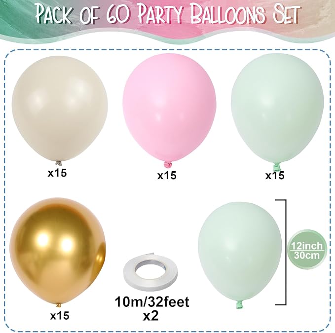 Pink and Green Balloons Pastel Green Pink White Sand Gold Metallic Balloons - Image 2