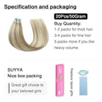 SUYYA Tape in Hair Extensions Human Hair Ash Blonde Highlighted Bleach Blonde 20 Inch 50g/pack 20pcs Straight Seamless Skin Weft Tape in Real Human Hair Extensions(20inch #P18/613)