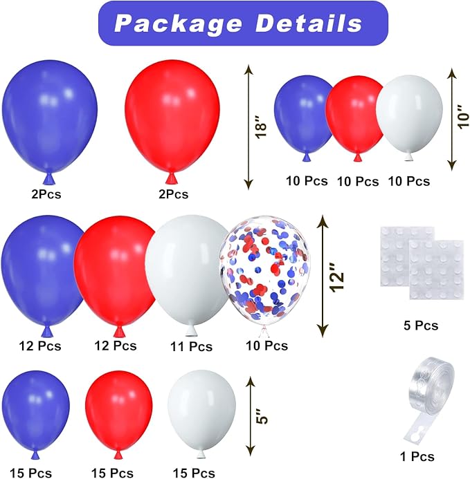 Red White and Blue Balloons Arch Kit 124pcs different sizes | - Image 2