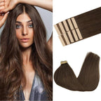 GOO GOO Tape in Hair Extensions Human Hair, 4A Chocolate Brown, 16inch 25g 10pcs, Skin Weft Seamless Invisible, Silky Straight with Thick Ends, Remy Human Hair