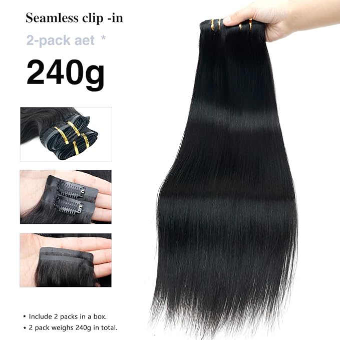 Straight Clip in Hair Extensions Real Human Hair 2 Pack 240g Seamless Clip in Hair Extensions for Women Full Max with 16Pcs PU Skin Weft 18inch Natural Black