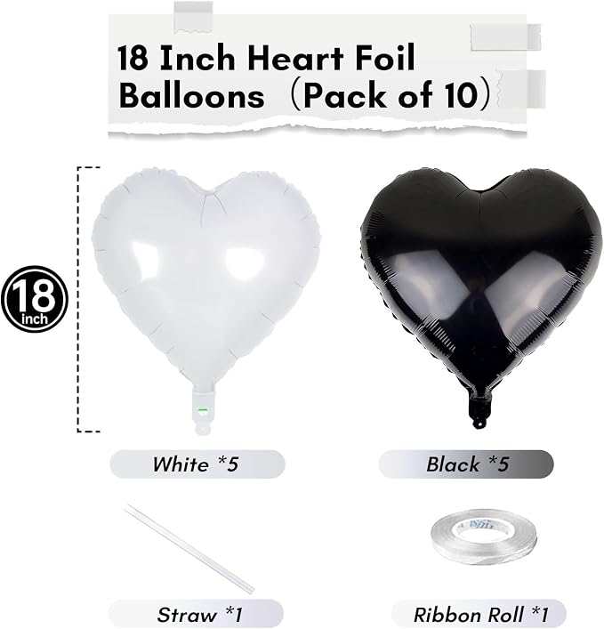 Black White Heart Balloons, 18 Inch Large Matt Black and White Heart Shape Foil - Image 2