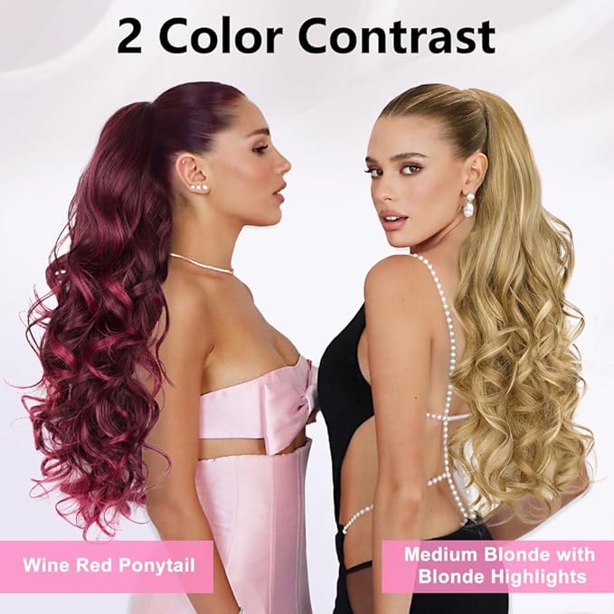 ALXNAN Ponytail Extension,24 Inch Claw Clip in Long Curly Wavy Wine Red Ponytail Hair Extension Jaw Clip on Pony Tails Hairpiece for Women