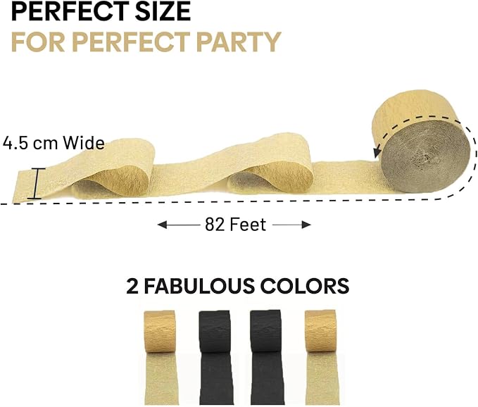 4 Gold Black Crepe Paper Streamers, 328ft Pack of Party Decorations | Each roll - Image 2