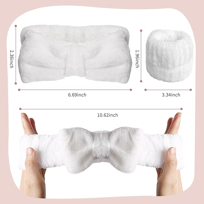 WSYUB Spa Headband and Wristband Set, Face Wash Headband, Makeup Skincare Headbands Wrist Bands for Washing Face, White