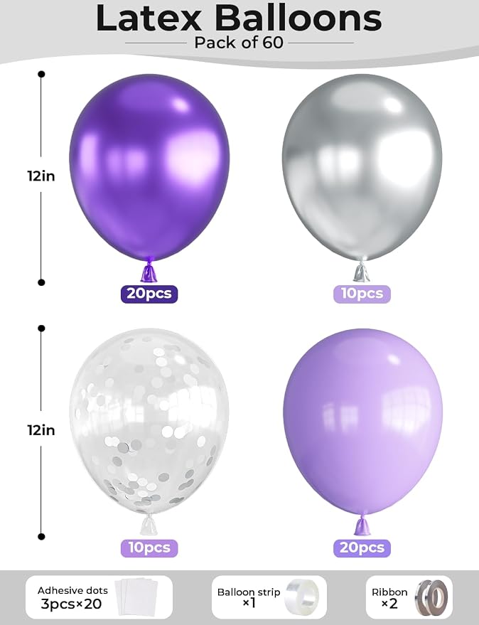 Purple and Silver Balloons, Birthday Party Decor | Pastel Purple Confetti - Image 4